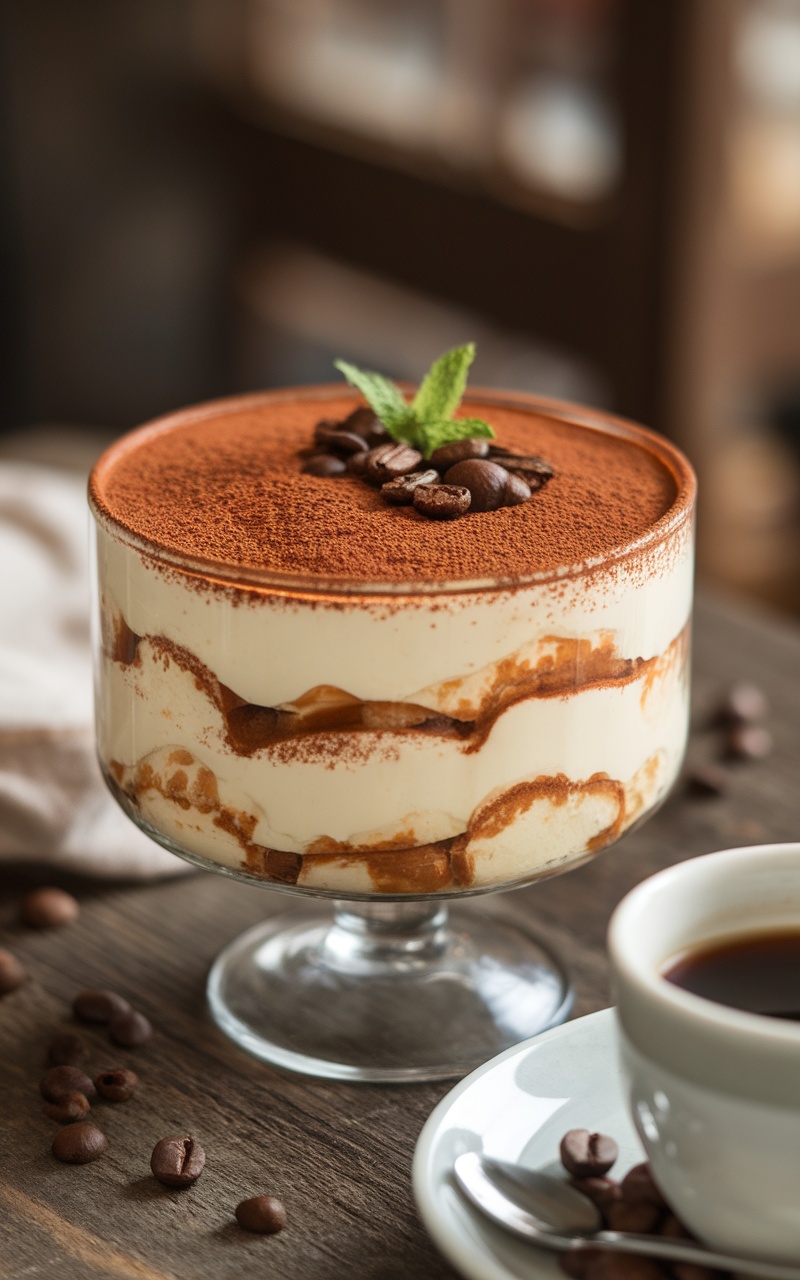 An elegant keto tiramisu layered dessert with cocoa powder and mint on rustic wood.